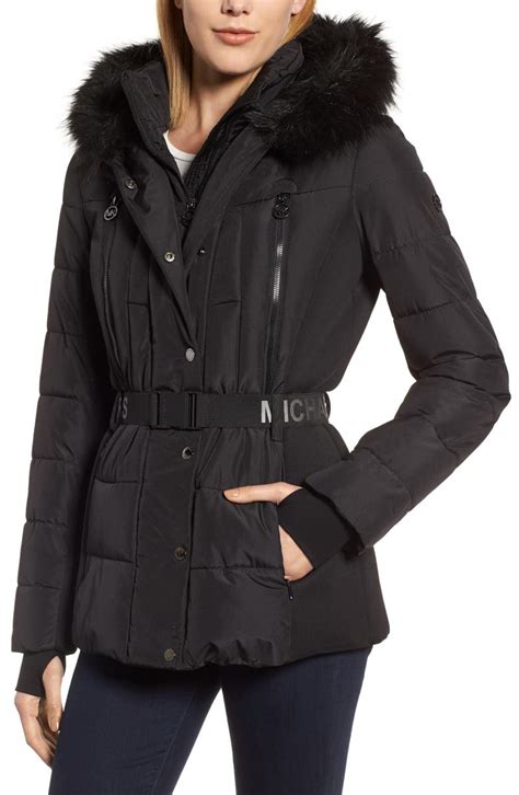 michael michael kors faux fur-trim quilted tech belted puffer coat|faux fur quilted puffer jacket.